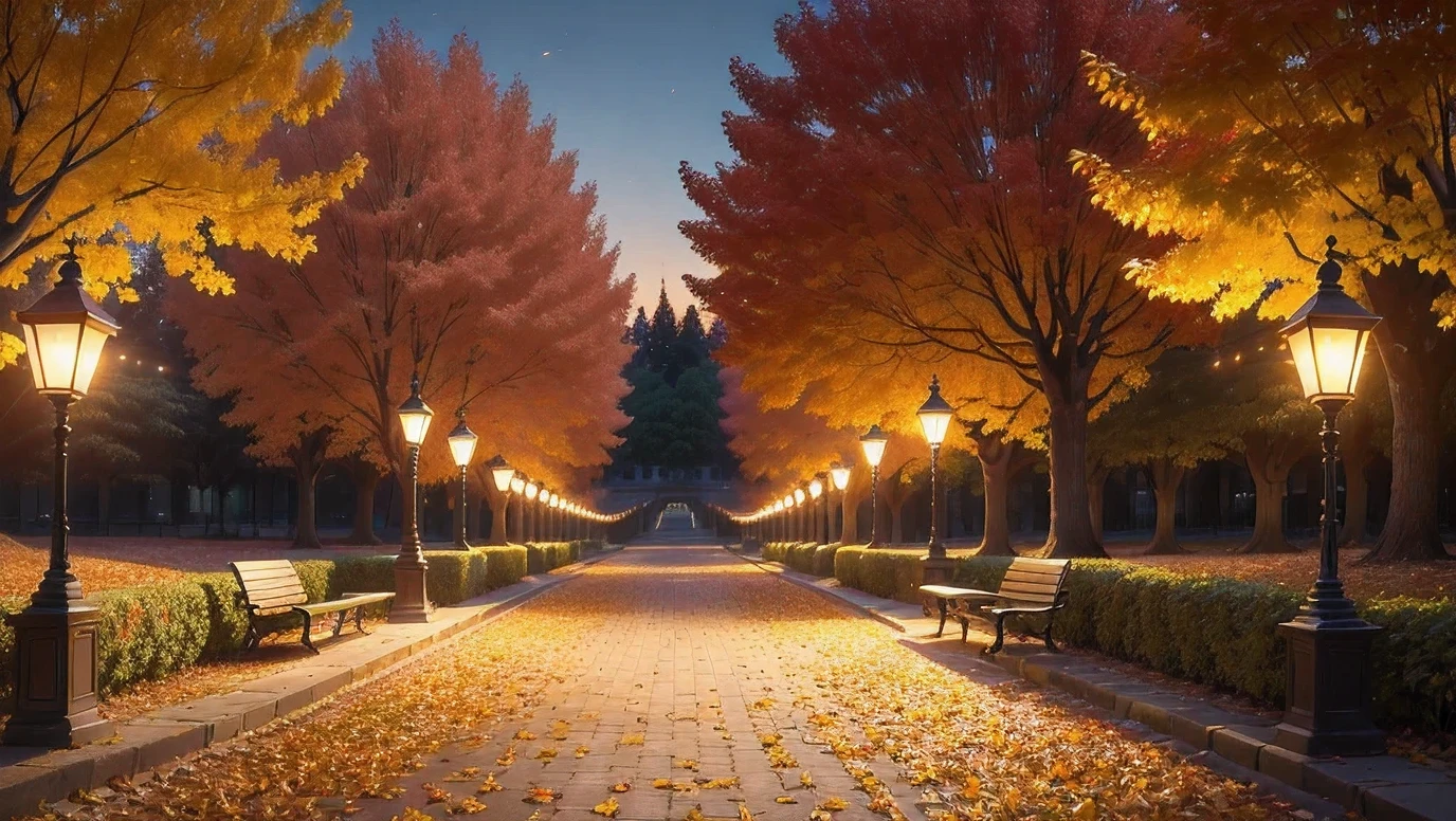 (Best Quality, 4k, 8K, hight resolution, Masterpiece:1.2), Ultra-detailed, (Realistic, Photorealistic, photo-realistic:1.37), autumn, A park, red-yellow leaves, Benches, lantern, glowing lights, Sun, Sunset, Sport, , running,