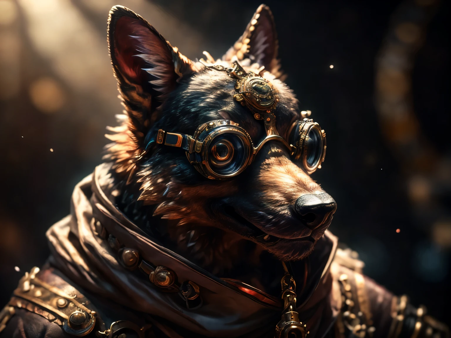 a dog wearing a cloak and goggles,
holding a telescope in hand,
looking in a certain direction,
in the style of steampunk influences,
realistic yet stylized,
charming character,
film,
studio lighting,
detailed skin,
ultra realistic,
full-length,
dramatic,
fantastical,
intricate design and detail,
hyper-realism,
photorealistic,
cinematic,
highly detailed,
colourful,
cinematic rendering of a character,
ultra-high quality model,
superimposition,
digital art style,
sophisticated 3D,
extremely detailed and fine finishes,
8k UHD,
hyper-detailing,
super focus,
fine detail,
depth of field,
near perfection,
art station,
concept art,
sharp focus