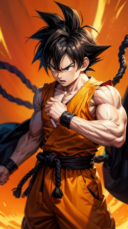 son Goku,Goku face,black orange kimono,hand cross,fuzzy background,angry expression,cartoon,rope tied on his waist, masterpiece,8k resolution , muscular