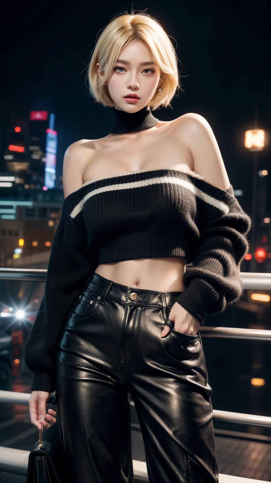 ((Best quality, 8k, Masterpiece :1.3)),
Japanese cool milf with curvy body, big thighs and some moles,
Ultra-detailed face, Detailed eyes, Double eyelid,
smiling, a coquettish look,
blonde hair, 
wearing a crop top, cardigan, mini skirt, fishnet stockings, choker and earrings,
in Tokyo, outdoor, midnight,