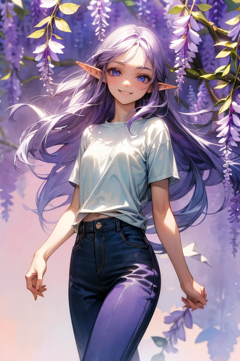 ((Masterpiece)), ((best quality)), (super detailed), (Professional Photography), (Photorealsitic:1.3), cute teenage , (()), (pale skin), (Plain white T-shirt, Cute Pants), (walking), (interlocked fingers), messy medium-long hair, pale thighs, (elf ear), (phantom), healthy whole body, ((Smug and grinning face)), pale purple hair, 1girl, solo, ((beautiful eyes)), beautiful detailed eyes, detailed face, perfect anatomy, (in purple wisteria flowers),(Watercolor Background:1.3),