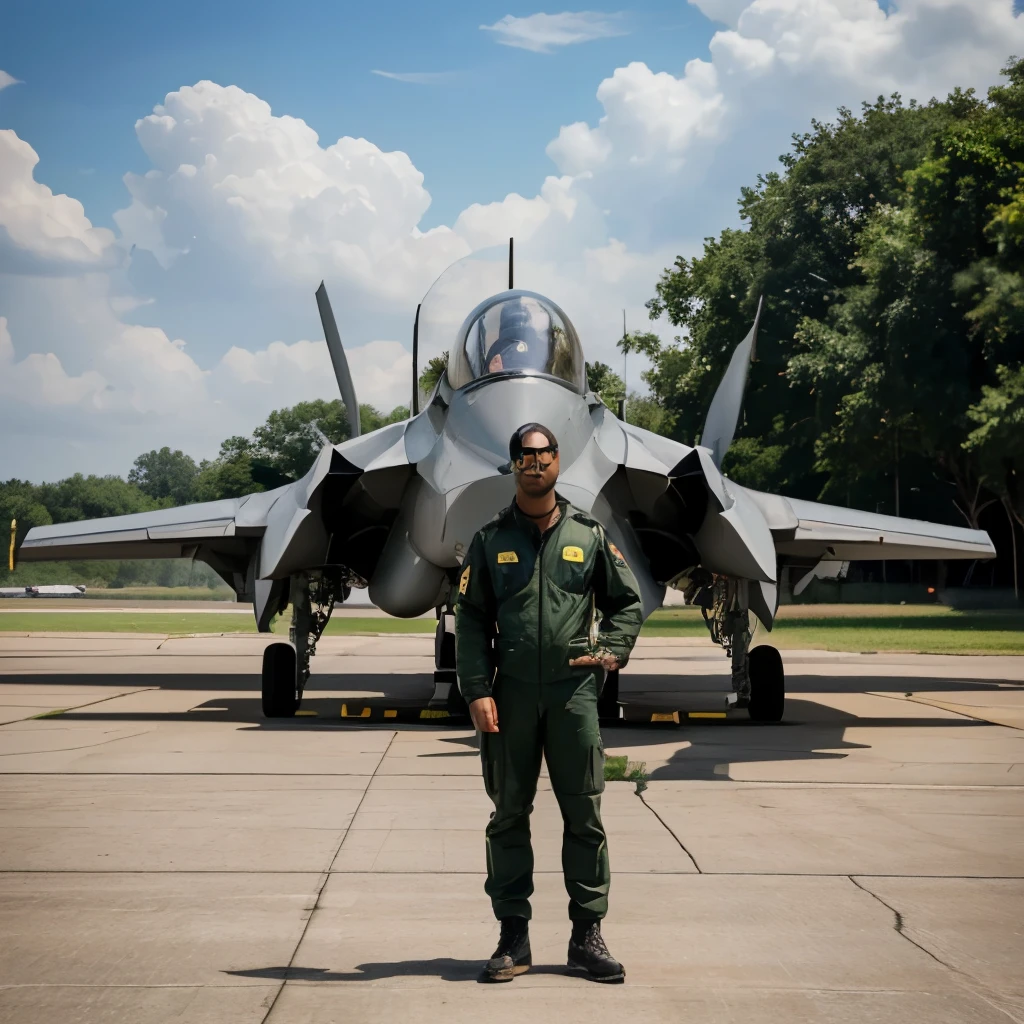 full body picture, High-tech fighter jets are parked on the airport. green grass background,man standing next to airplane,The picture is sharp and realistic.,The images are high resolution.
