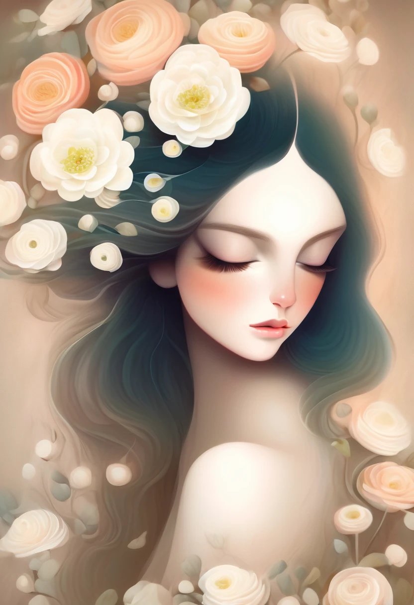 Painting of a woman with long hair and white ranunculus flowers in her hair, beautiful digital illustrations, Beautiful artwork illustration, amazing digital illustrations, beautiful digital artwork, Inspired by Anna Dittman, amazing digital art, exquisite digital illustration, In the style of Anna Dittmann, beautiful digital art, beautiful amazing digital art, very beautiful digital art, beautiful fantasy art portrait