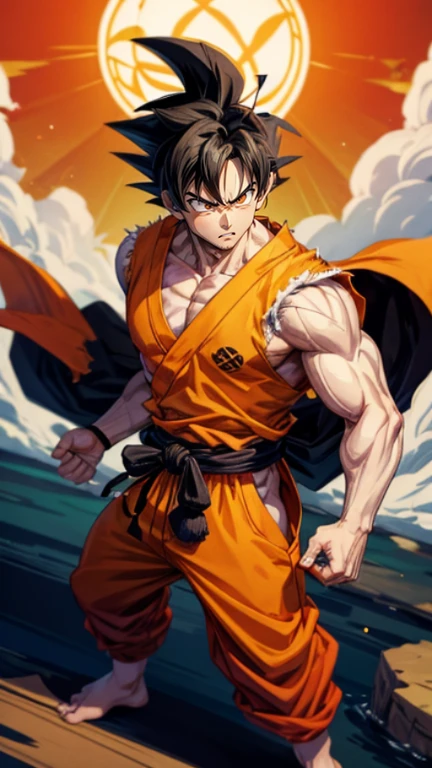 son Goku,Goku face,black orange kimono,hand cross,fuzzy background,angry expression,cartoon,rope tied on his waist, masterpiece,8k resolution , muscular