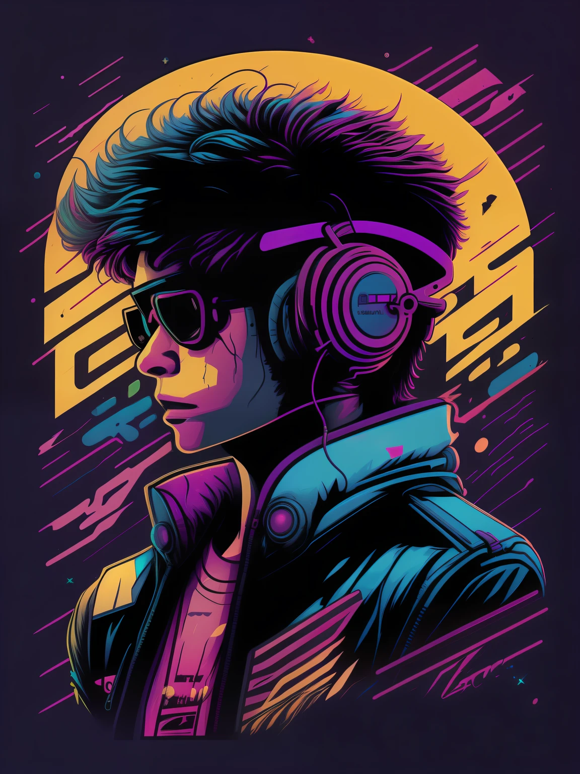 Retrowave cool boy with headset character design,sticker,Full body shot ,anime style, Trigger Studio style, manga art, comics, inking, graffiti art, graphic, neon colors, golden ratio composition, design for tshirt,8k