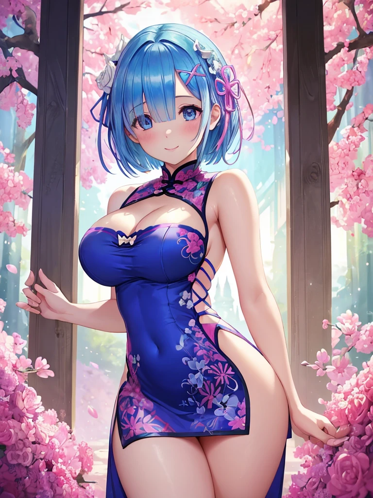 (masterpiece), ((Highly detailed 8K illustrations)), High resolution, (Highly detailed and beautiful background), Super precise painting, professional illustration, Super precise depiction, Super detailed depiction, (beautiful and aesthetic:1.2), HDR, (Depth of bounds written:1.4), colorful, Brilliant, Beautiful detailed glow light particles, Complex:1.4, zentangle,
(girl), ((Rem,Re:zero,blue hair,short hair)),(Highly detailed beautiful face and eyes), white skin, perfect body, thighs, big breasts, big areola, blue eyes, pink hair, oily skin, cute, bare shoulders, China dress, cheongsam clothing, short dress, cleavage cutout, side boob, thighs, smile, character focus, cowboy shot,