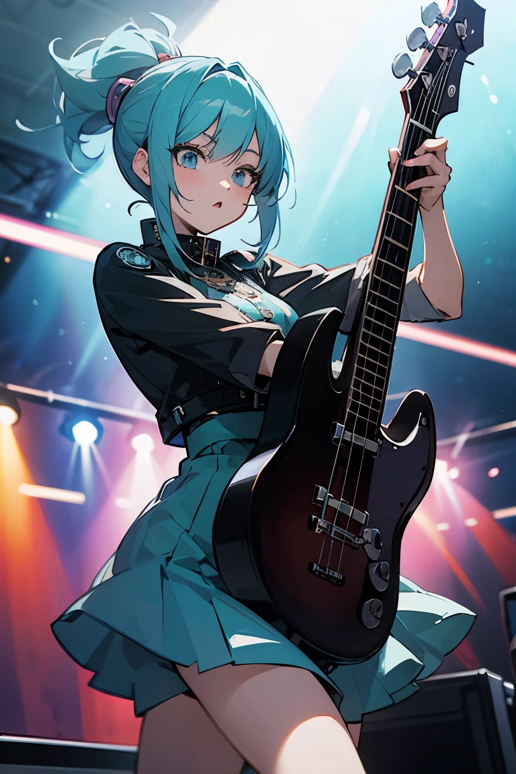 An anime-style woman in her 30s wearing a rock&#39;n&#39;roller outfit、Facing the microphone while playing the electric bass at a live venue、High-quality, dynamic video that conveys moving singing voices and performances。