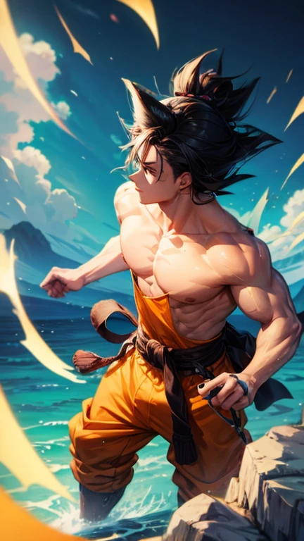 son Goku,Goku face,black orange kimono,hand cross,fuzzy background,angry expression,cartoon,rope tied on his waist, masterpiece,8k resolution , muscular