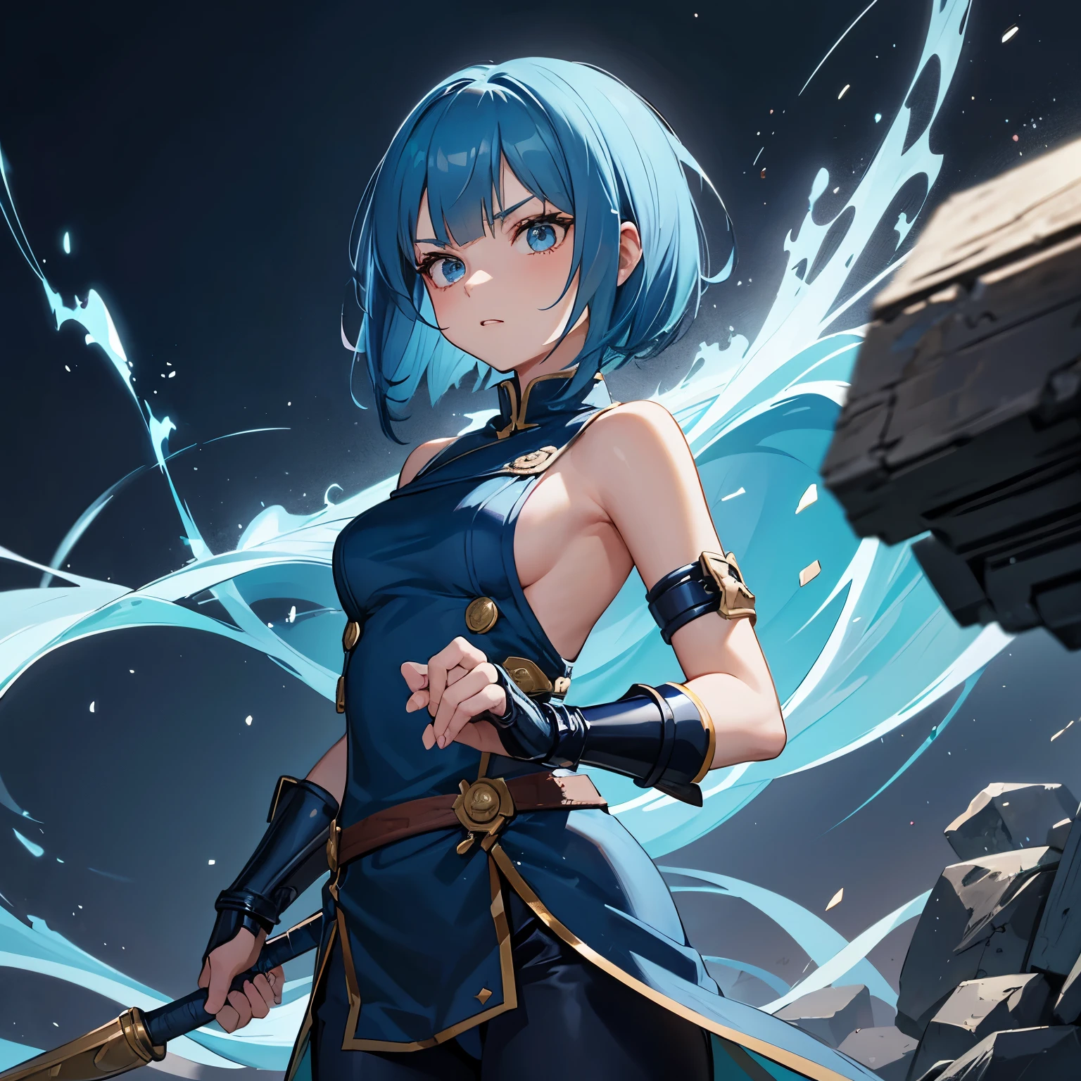 Blue hair, magical martial artist, beautiful girl, short stature, tumbleweed, bob cut, brutal gauntlets, overall otherworldly style