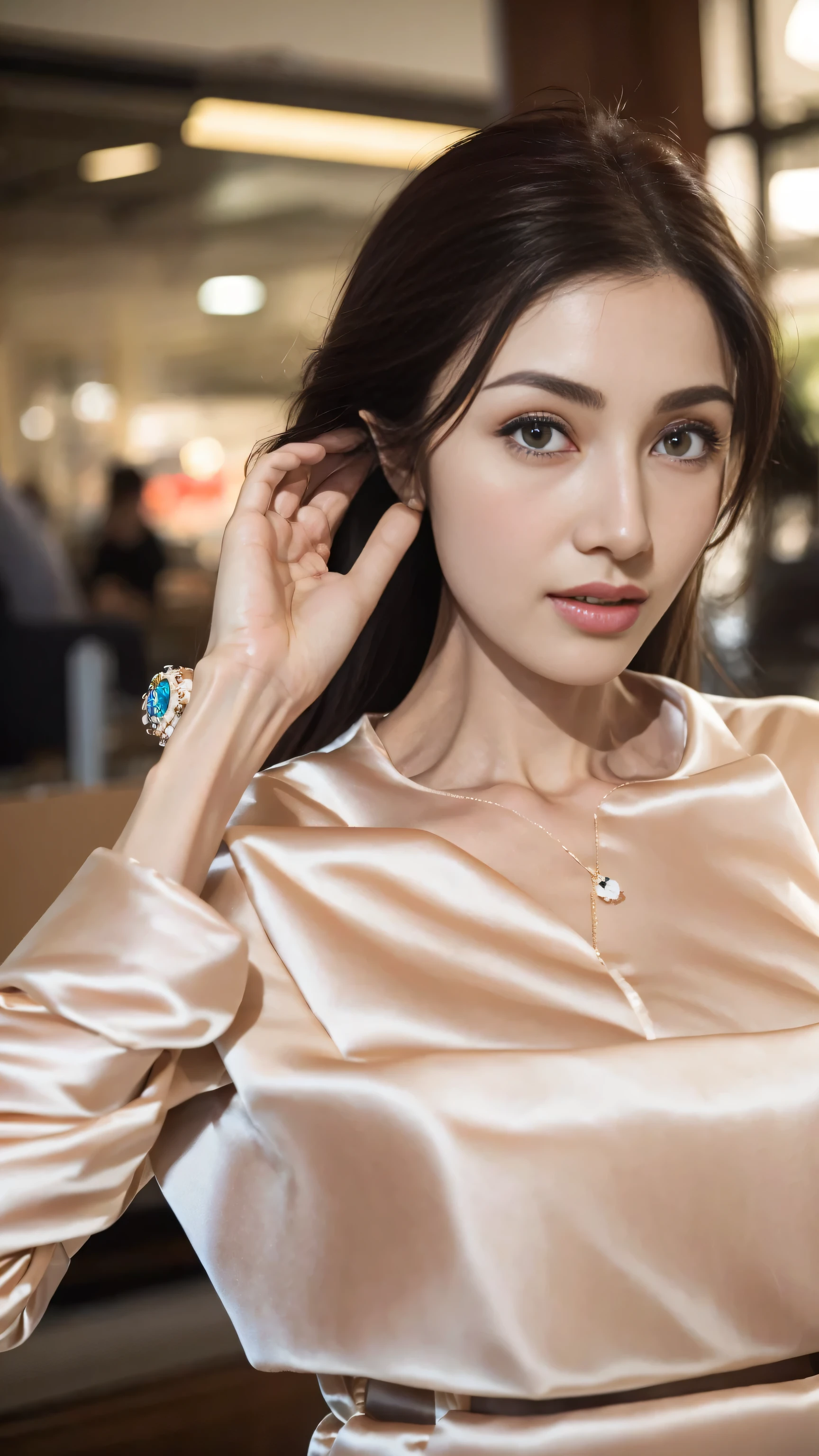 (best quality,4K,8k,high resolution,on the table:1.2),super detailed,actual,beautiful woman,exquisite eyes,Detailed lips,The facial details are particularly rich,long eyelashes,luxury shopping mall,Latest fashion items,a happy expression,(saluting),bright colors,studio lighting