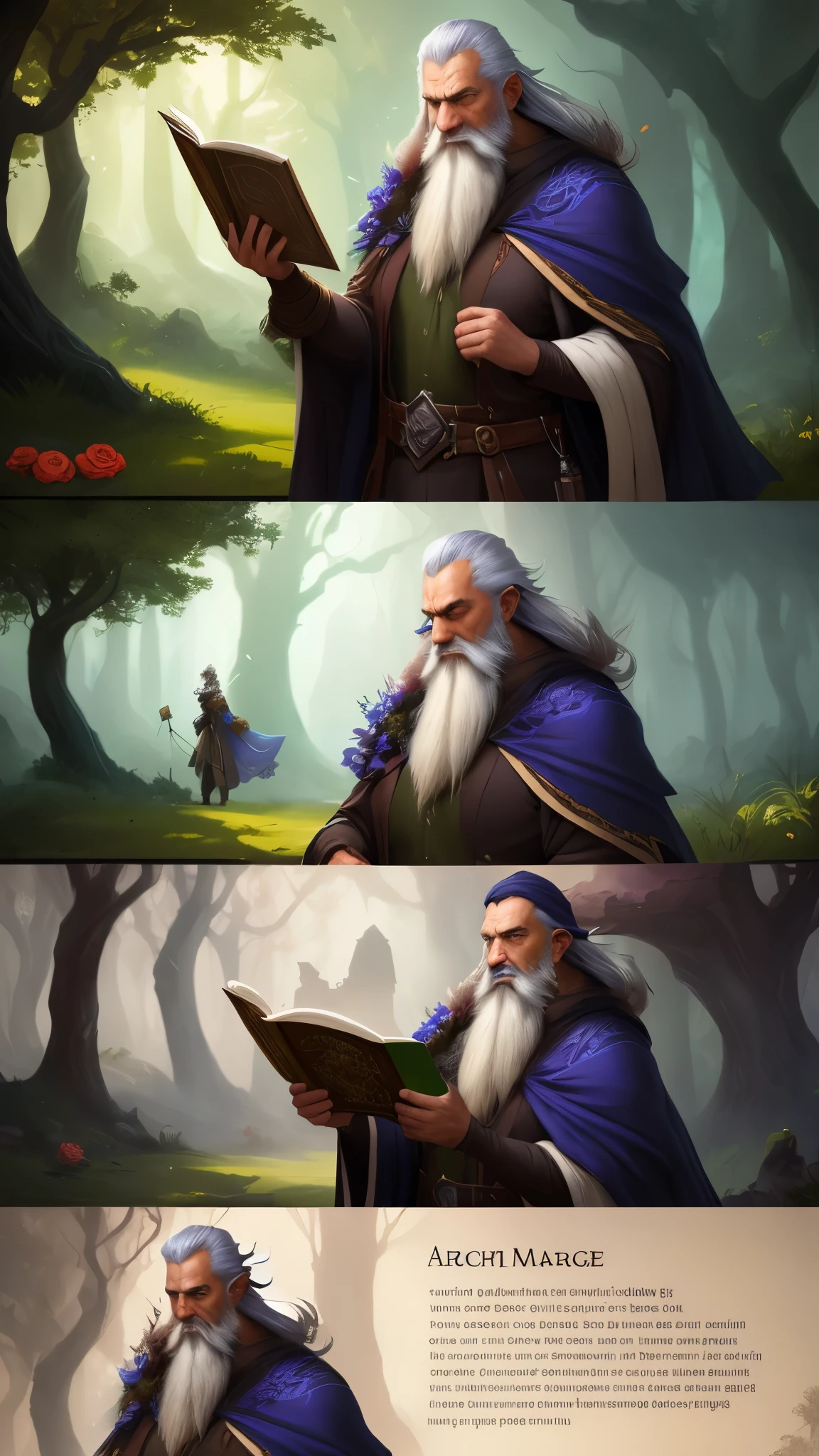 a man with a long beard holding a book and a rose, old male archmage, fantasy mage, male wizard, portrait of a mage, portrait of a forest mage, heroic fantasy character concept, archmage, complex fantasy character, mage, epic fantasy character art, dnd fantasy character art, fantasy character art, dnd fantasy character, fantasy character, fantasy ttrpg villain