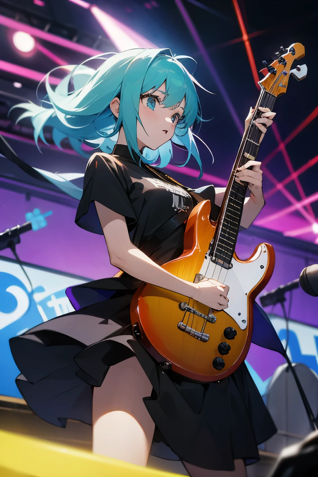 An anime-style woman in her 30s wearing a rock&#39;n&#39;roller outfit、Facing the microphone while playing the electric bass at a live venue、High-quality, dynamic video that conveys moving singing voices and performances。
