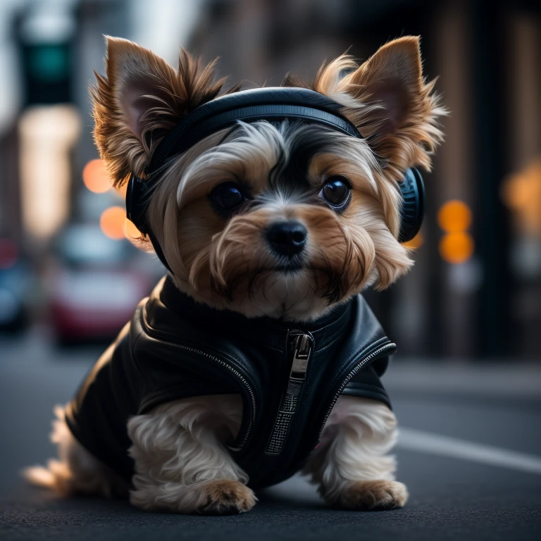 araffe dog wearing a leather jacket and headphones on a city street, portrait shot, detailed portrait shot, looking heckin cool and stylish, by Emma Andijewska, close - up portrait shot, cute dog, closeup portrait shot, yorkshire terrier, hyper realistic style, close up portrait shot, ultra realistic picture, ultra detailed portrait, subject: dog