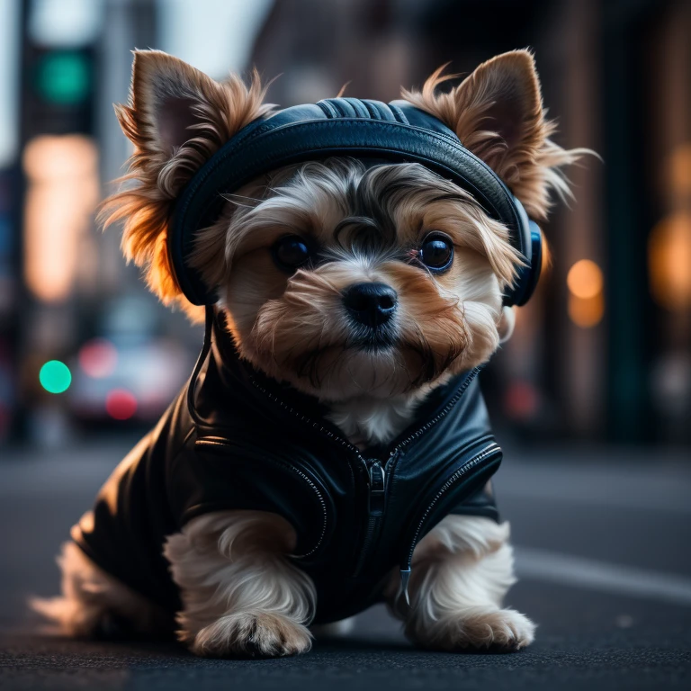 araffe dog wearing a leather jacket and headphones on a city street, portrait shot, detailed portrait shot, looking heckin cool and stylish, by Emma Andijewska, close - up portrait shot, cute dog, closeup portrait shot, yorkshire terrier, hyper realistic style, close up portrait shot, ultra realistic picture, ultra detailed portrait, subject: dog