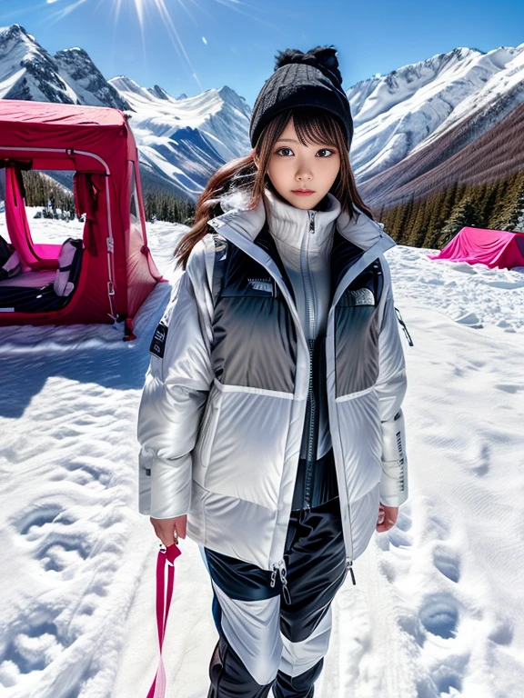 very detailed、masterpiece、(snow mountain background):1.3、a woman in a (white down vest at northface):1.4, white puffer vest and black pants posing for a picture, model is wearing techtical vest, sportswear, sportswear, かわいいsportswear, nanocarbon-vest, white!!, white coat, tech wear women pictures, 2 techwear women, catalog photo, stylish coat for rave, full body photo, future inflatable jacket, Miko, Kim Woo