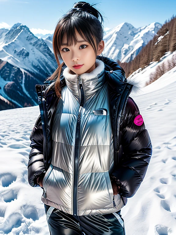 very detailed、masterpiece、(snow mountain background):1.3、a woman in a (white down vest at northface):1.4, white puffer vest and black pants posing for a picture, model is wearing techtical vest, sportswear, sportswear, かわいいsportswear, nanocarbon-vest, white!!, white coat, tech wear women pictures, 2 techwear women, catalog photo, stylish coat for rave, full body photo, future inflatable jacket, Miko, Kim Woo