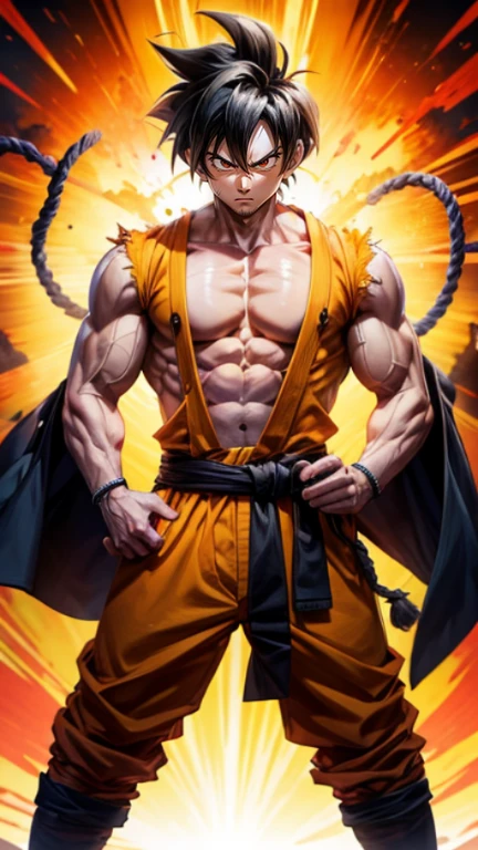 son Goku,Goku face,black orange kimono,hand cross,fuzzy background,angry expression,cartoon,rope tied on his waist, masterpiece,8k resolution , muscular