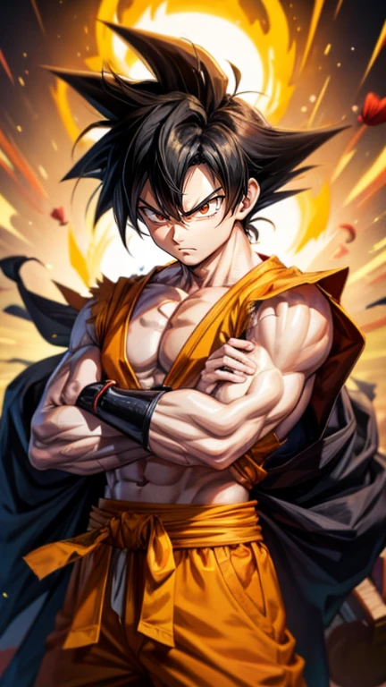 son Goku,Goku face,black orange kimono,hand cross,fuzzy background,angry expression,cartoon,rope tied on his waist, masterpiece,8k resolution , muscular