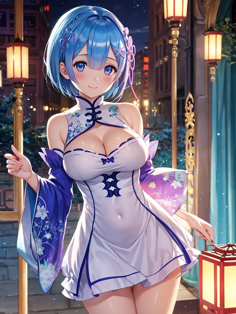  (masterpiece), ((Highly detailed 8K illustrations)), High resolution, (Highly detailed and beautiful background), Super precise painting, professional illustration, Super precise depiction, Super detailed depiction, (beautiful and aesthetic:1.2), HDR, (Depth of bounds written:1.4), colorful, Brilliant, Beautiful detailed glow light particles, Complex:1.4, zentangle, 
(girl), ((Rem,Re:zero,blue hair,short hair)),(Highly detailed beautiful face and eyes), white skin, perfect body, thighs, big breasts, big areola, cleavage,blue eyes, pink hair, oily skin, cute, bare shoulders, China dress, cheongsam clothing, short dress, cleavageカットアウト, side boob, thighs, smile, character focus, cowboy shot,