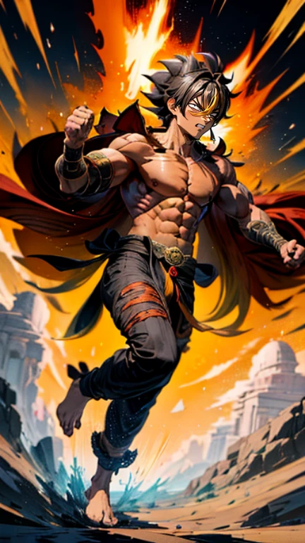 son Goku,Goku face,black orange kimono,hand cross,fuzzy background,angry expression,cartoon,rope tied on his waist, masterpiece,8k resolution , muscular