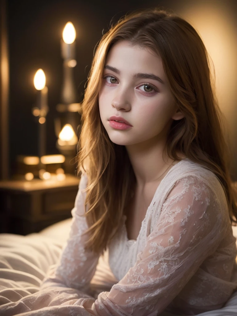 Portrait of an 18 year old cute beautiful perfect face petit teen, she is happy, very beautiful Russian, raw, in bed, (dark private study, dark and moody light: 1.2)