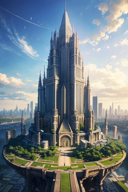 a digital painting of a city surrounded by trees, a matte painting, jormungand anime, aerial view of an ancient land, city of towers, advanced digital anime art ”