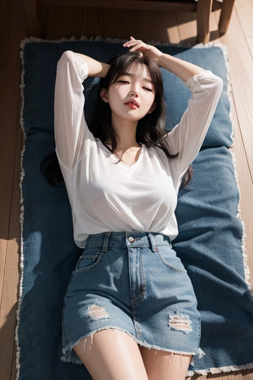 masterpiece, highest quality, ((from above, focus on face, wariza on floor)), 1korean girl, denim skirt, covering own eyes