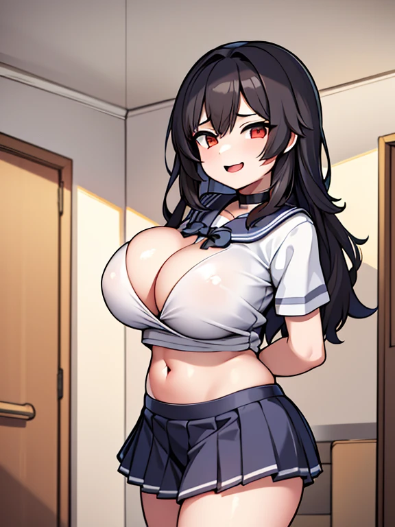 1 girl,big breasts,abdomen,
indoors,Bedroom,Are standing,cowboy shot, ((School_uniform)),choker
 