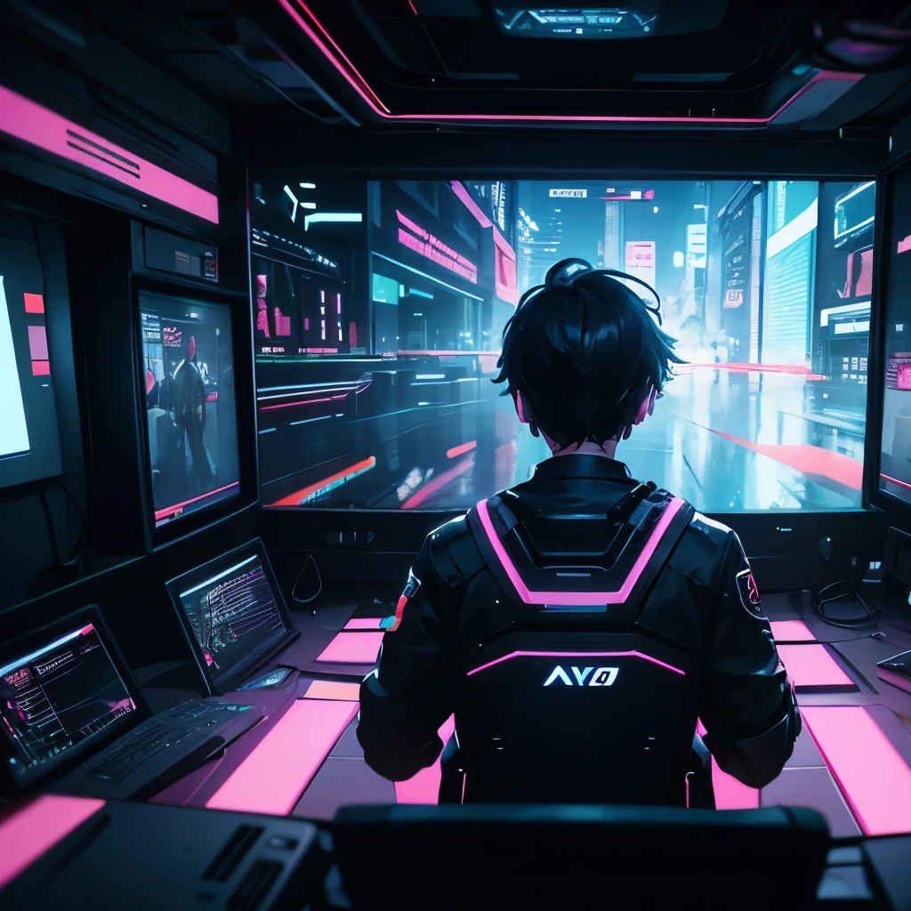 depth of field, cinematic lighting, motion blur, chromatic aberration, ray tracing, anime, 8k, super detail, best quality, 1080P, HD, 4K, 16k, UHD, HDR, a male hacker with augmented reality interfaces, is evading surveillance drones in a neon-soaked cyberpunk metropolis.