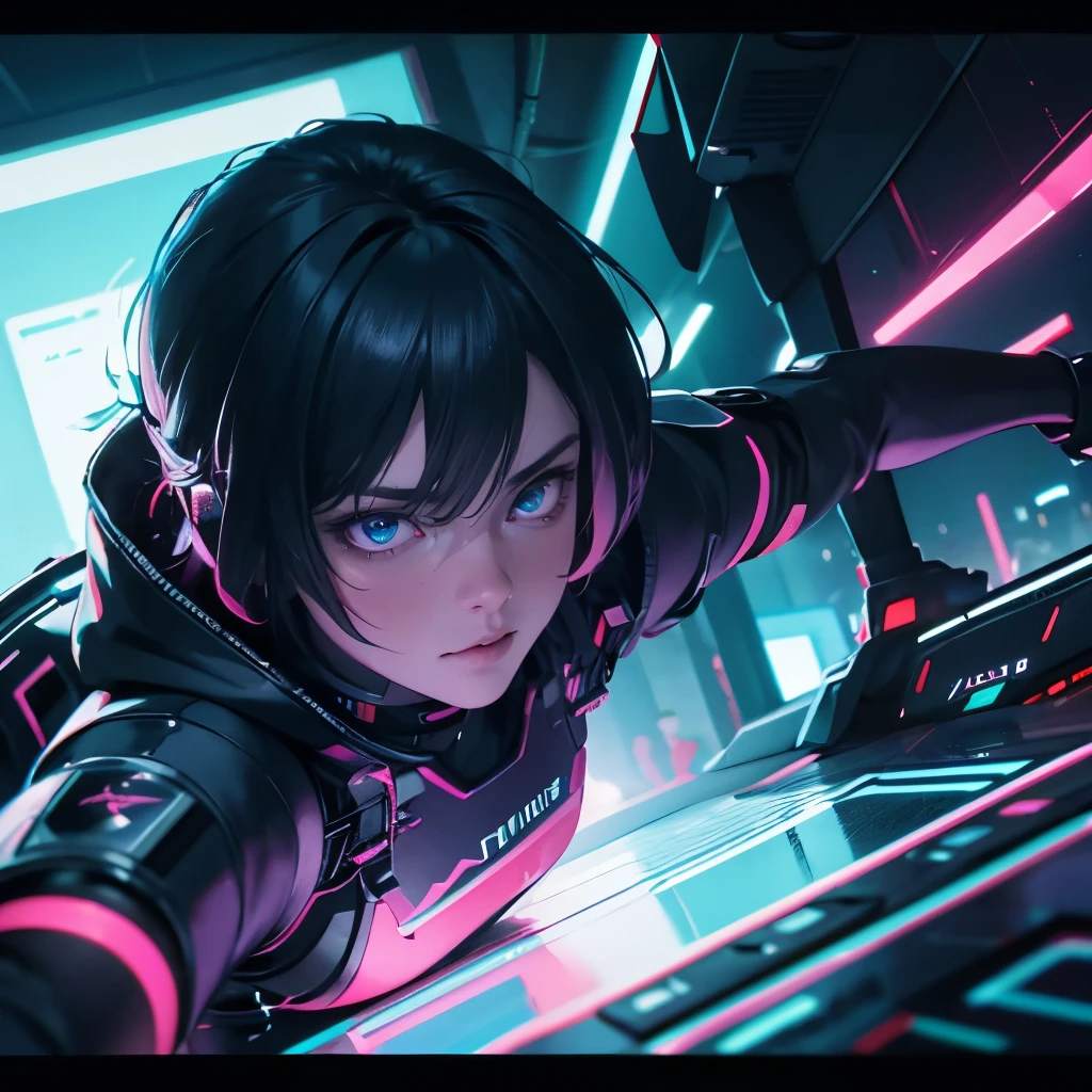 depth of field, cinematic lighting, motion blur, chromatic aberration, ray tracing, anime, 8k, super detail, best quality, 1080P, HD, 4K, 16k, UHD, HDR, a male hacker with augmented reality interfaces, is evading surveillance drones in a neon-soaked cyberpunk metropolis.