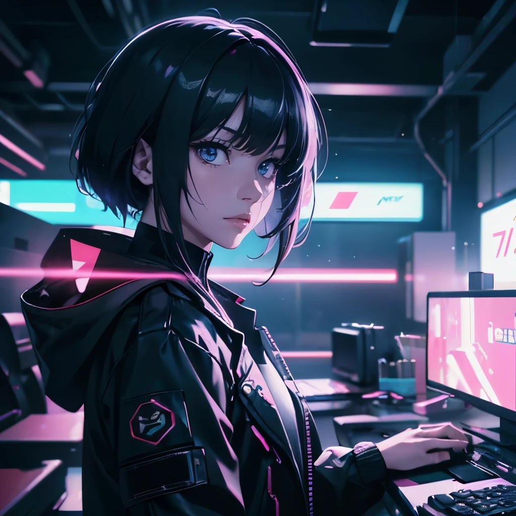 depth of field, cinematic lighting, motion blur, chromatic aberration, ray tracing, anime, 8k, super detail, best quality, 1080P, HD, 4K, 16k, UHD, HDR, a male hacker with augmented reality interfaces, is evading surveillance drones in a neon-soaked cyberpunk metropolis.