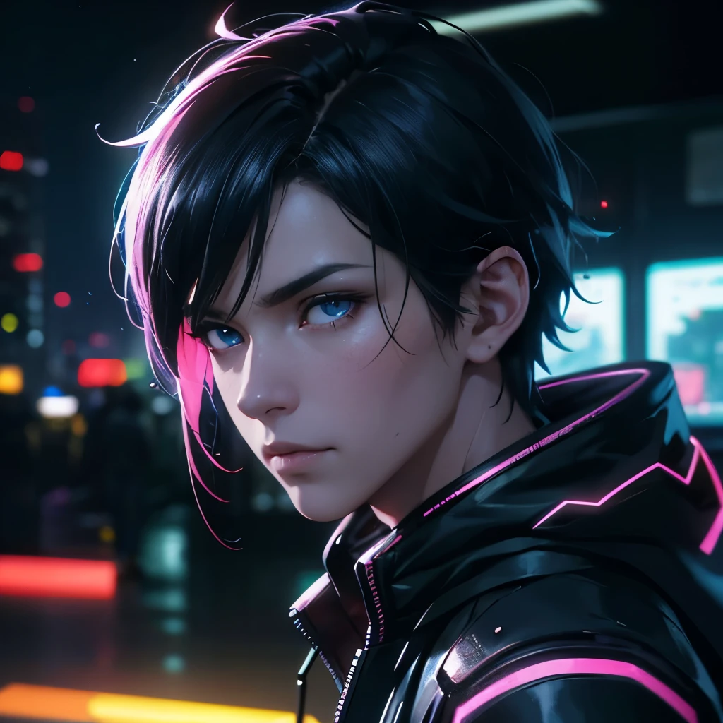 depth of field, cinematic lighting, motion blur, chromatic aberration, ray tracing, anime, 8k, super detail, best quality, 1080P, HD, 4K, 16k, UHD, HDR, a skilled male hacker with augmented reality interfaces, is evading surveillance drones in a neon-soaked cyberpunk metropolis.