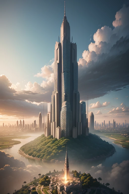a digital painting of a city surrounded by trees, a matte painting, jormungand anime, aerial view of an ancient land, city of towers, advanced digital anime art ”