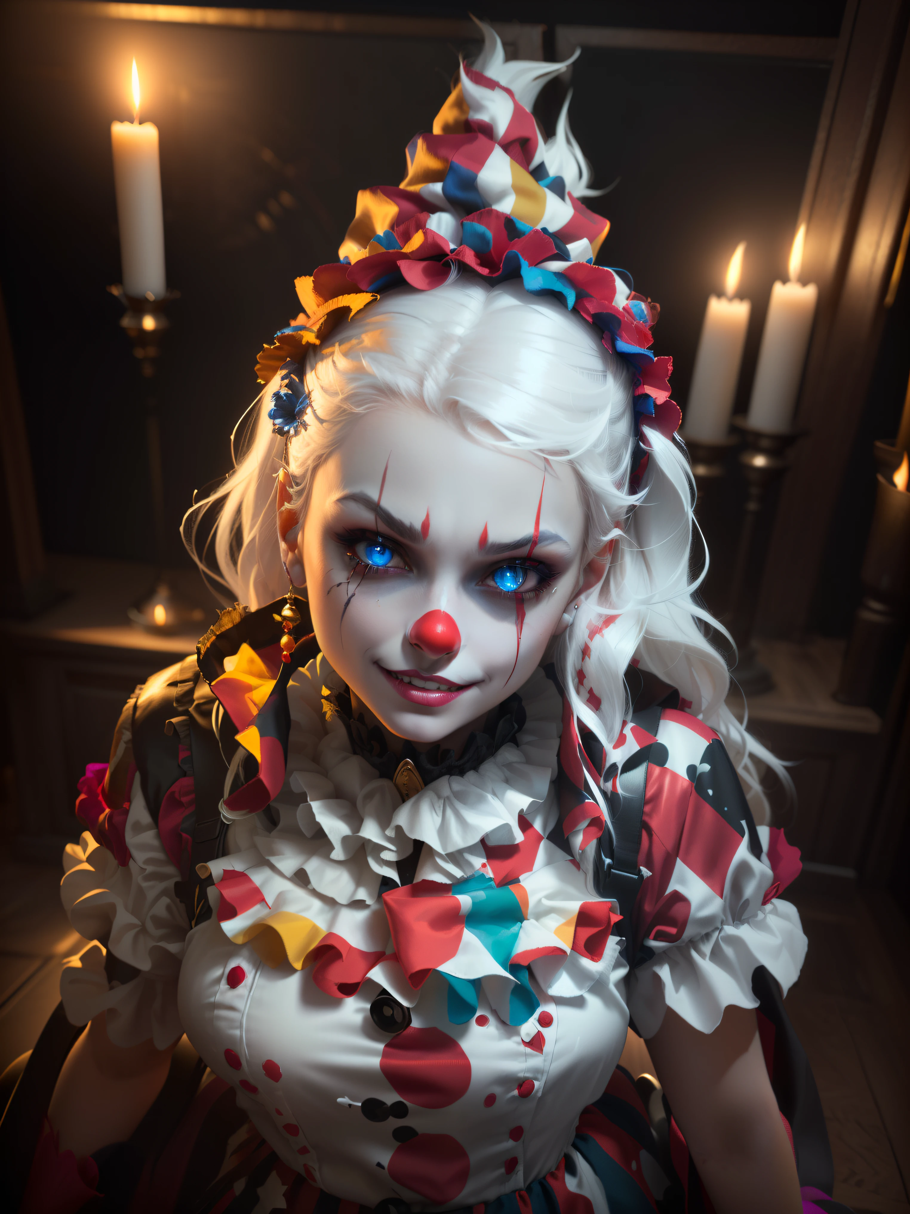 there is a sad young girl, dressed as a clown with candles in the background, hair half white and half red, serious look on her face, sad looking, creepy clown girl, goth clown girl, photorealistic dark concept art, cutecore clowncore, and glowing eyes, clown girl, wojtek fus, 3 d render character art 8 k, creepy evil smile, creepy smile, cgsociety contest winner, trending on artstation 4k