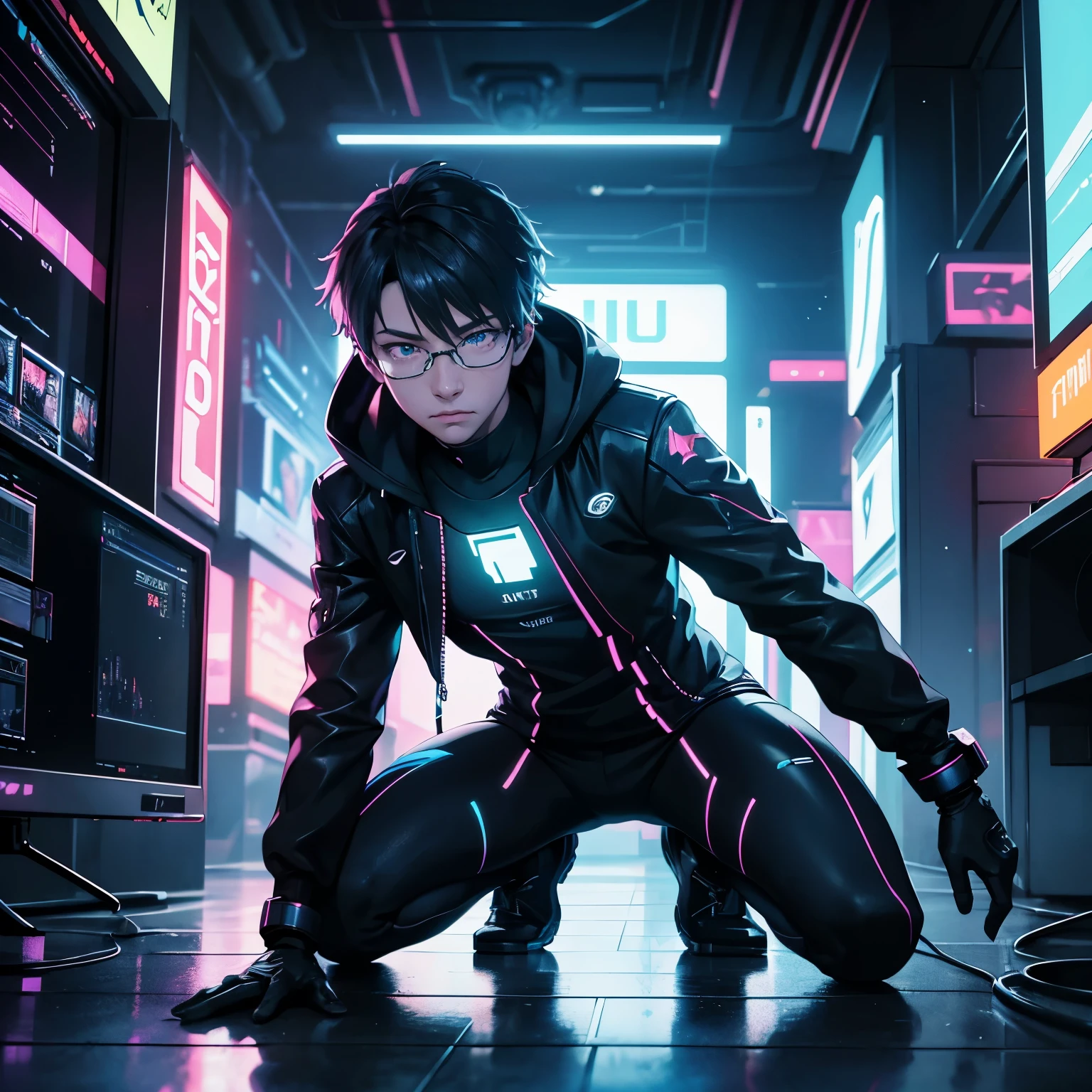 depth of field, cinematic lighting, motion blur, chromatic aberration, ray tracing, anime, 8k, super detail, best quality, 1080P, HD, 4K, 16k, UHD, HDR, a skilled male hacker with augmented reality interfaces, is evading surveillance drones in a neon-soaked cyberpunk metropolis.