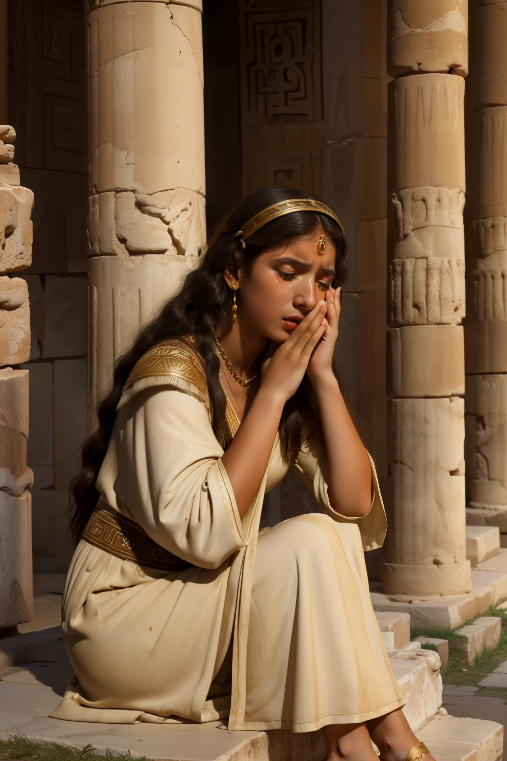 Rome, 77 BC. A ((((16-year-old)) Myrtale)), young greek woman, in the luxurious temple, ((crying big tears, despair expression)). ((((macedonian clothings from the 1st century BC))))