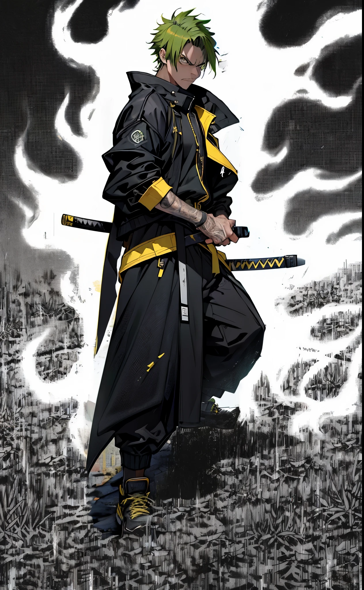 (masterpiece:1.3), (Best quality:1.3), 8K, boy, One, (Unique style of clothing), Unusual clothes, ((Streetwear style)), ((black jacket with yellow inserts)), Katana, (ZORO from anime one piece:0.5), (Wizard of Air), angry face, Full Length, green hair, (short hair), 20 years, fighting pose