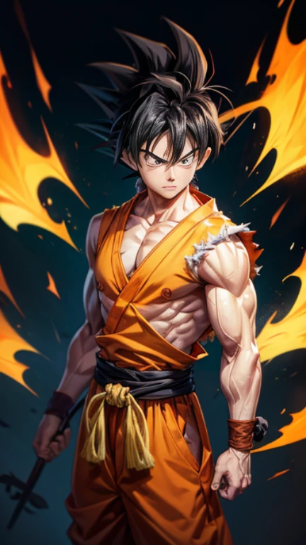 son Goku,Goku face,black orange kimono,hand cross,fuzzy background,angry expression,cartoon,rope tied on his waist, masterpiece,8k resolution , muscular