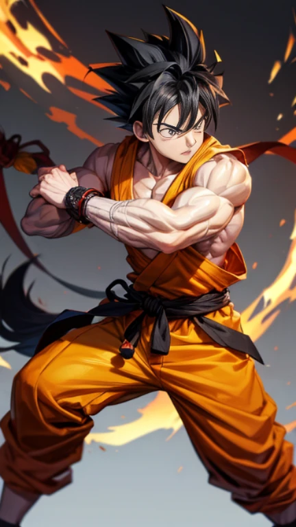 son Goku,Goku face,black orange kimono,hand cross,fuzzy background,angry expression,cartoon,rope tied on his waist, masterpiece,8k resolution , muscular
