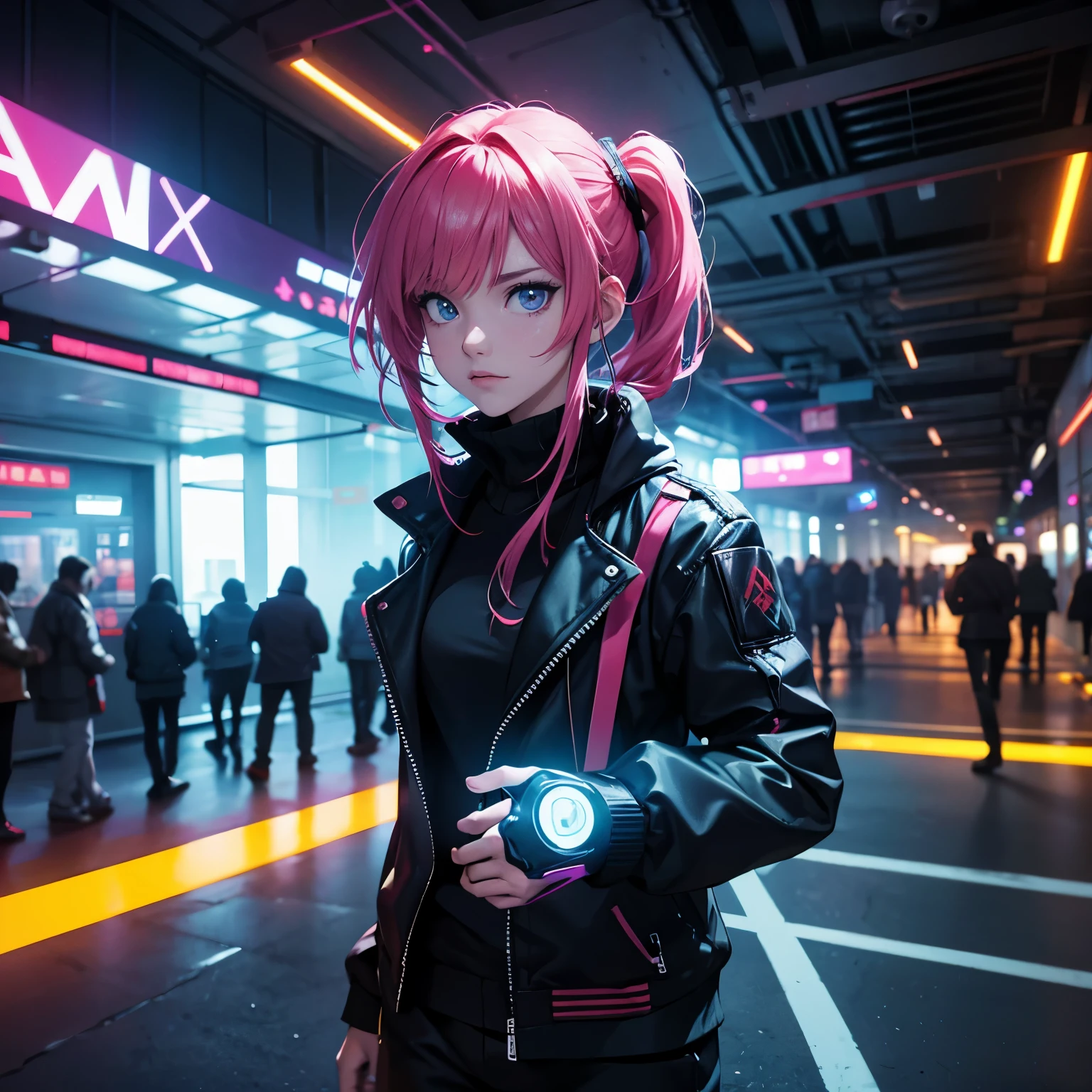 depth of field, cinematic lighting, motion blur, chromatic aberration, ray tracing, anime, 8k, super detail, best quality, 1080P, HD, 4K, 16k, UHD, HDR, a skilled hacker with augmented reality interfaces, is covertly infiltrating a high-tech corporate facility while evading surveillance drones and encountering rival hackers in a neon-soaked cyberpunk metropolis.