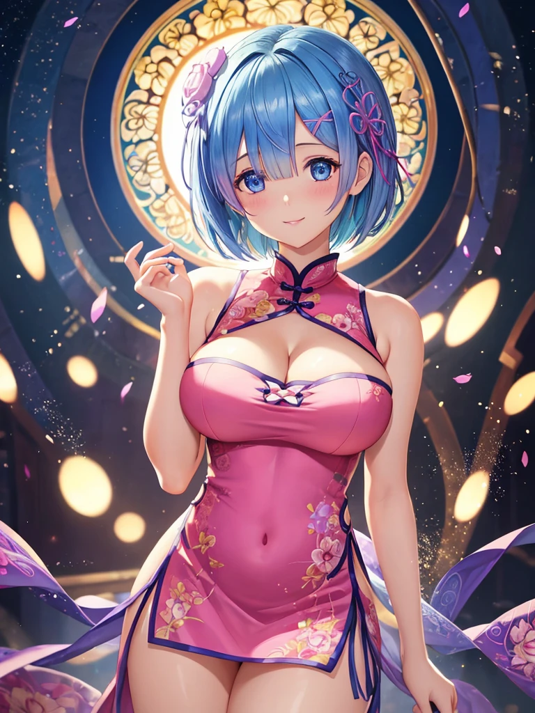 (masterpiece), ((Highly detailed 8K illustrations)), High resolution, (Highly detailed and beautiful background), Super precise painting, professional illustration, Super precise depiction, Super detailed depiction, (beautiful and aesthetic:1.2), HDR, (Depth of bounds written:1.4), colorful, Brilliant, Beautiful detailed glow light particles, Complex:1.4, zentangle,
(girl), ((Rem,Re:zero,blue hair,short hair)),(Highly detailed beautiful face and eyes), white skin, perfect body, thighs, big breasts, big areola, cleavage,blue eyes, pink hair, oily skin, cute, bare shoulders, China dress, cheongsam clothing, short dress, cleavageカットアウト, side boob, thighs, smile, character focus, cowboy shot,