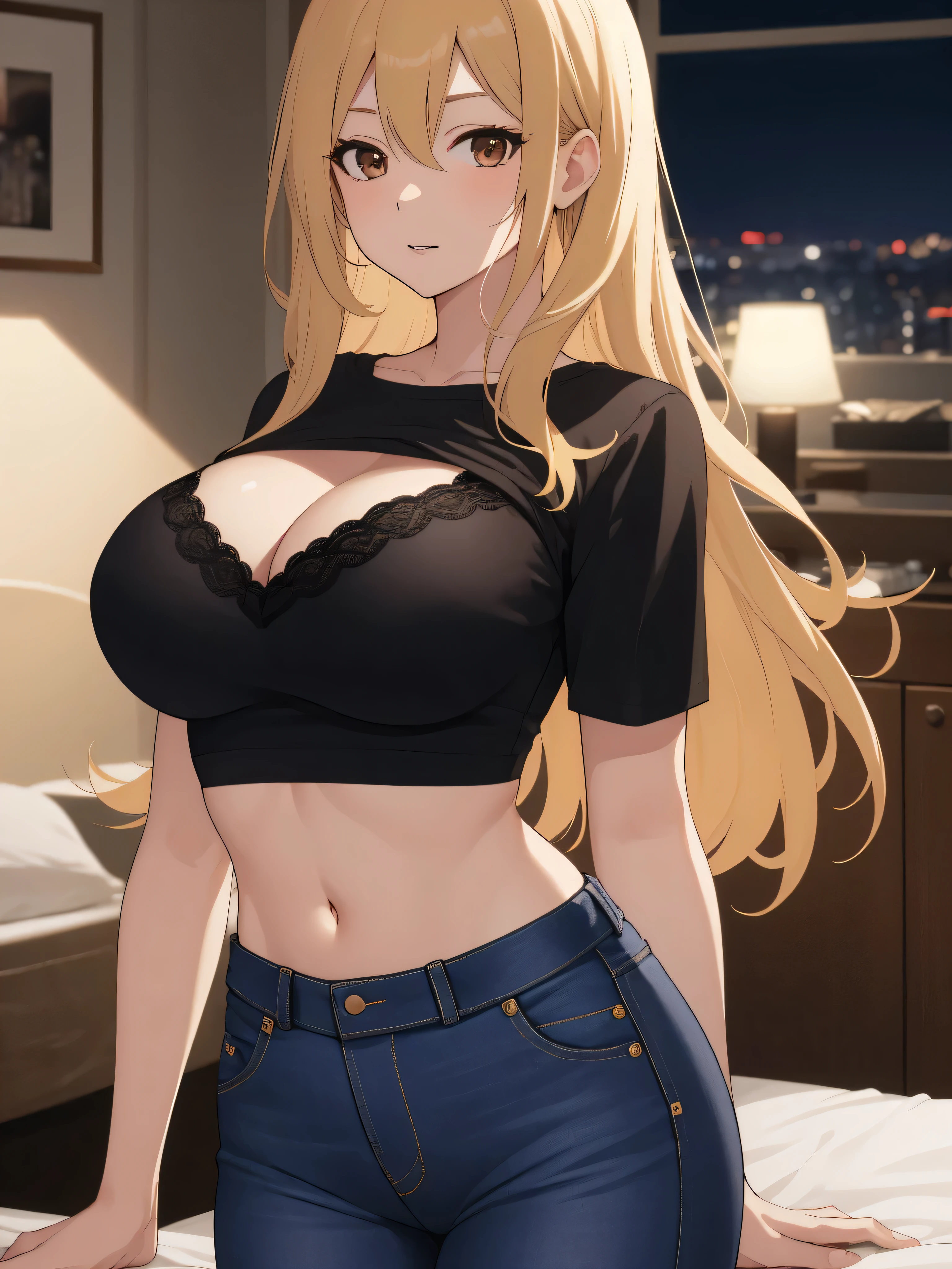 masterpiece, best quality, One Woman,solo,27 age, long hair, blonde hair, brown eyes, large breasts, short sleeves, crop top, jeans, standing,(bra lift), (black shirt), blue pants, upper body, looking at viewer, love hotel room,night