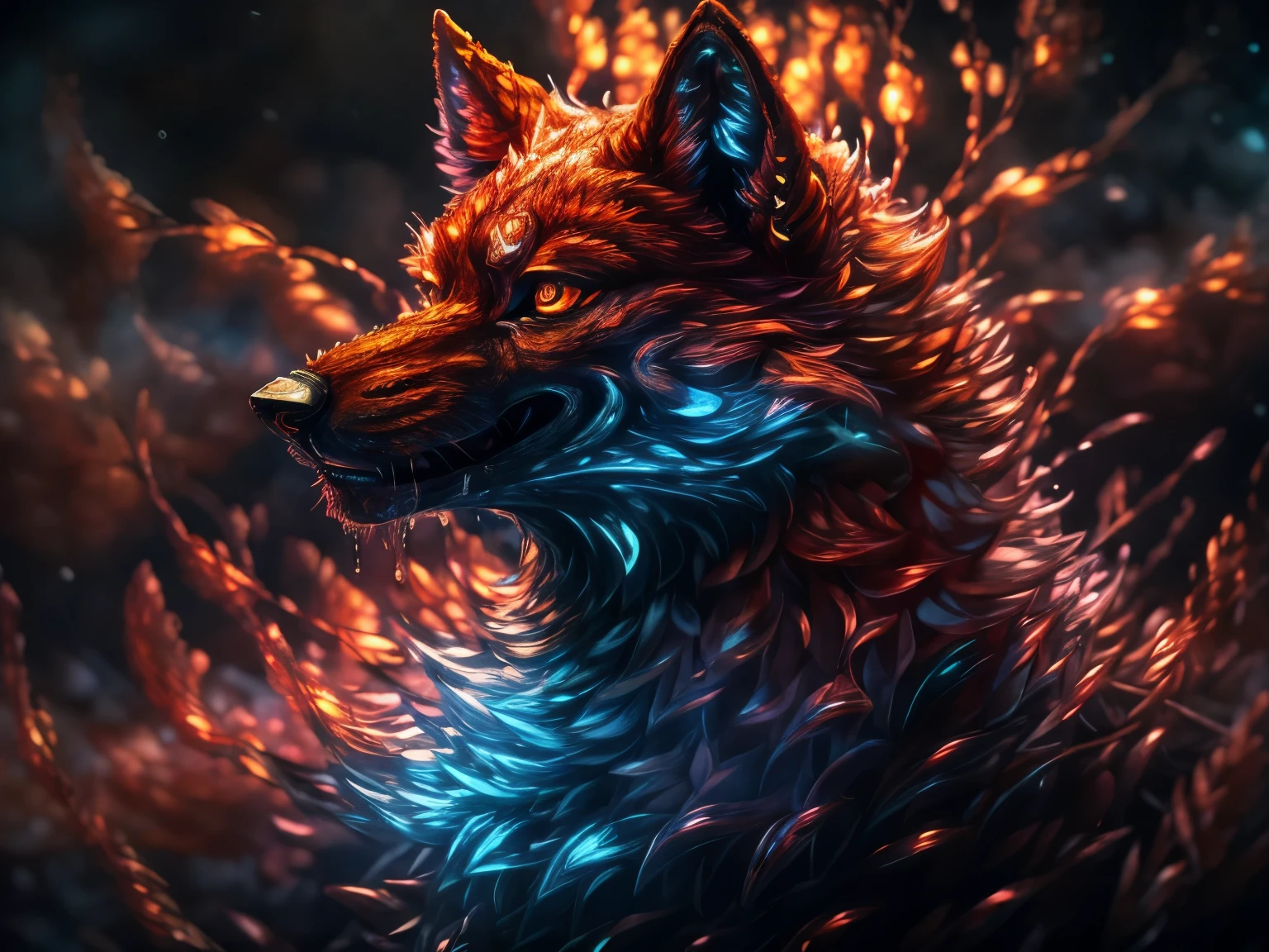 a arcana foxy, nine tails, art by cameron gray ultra highly detailed, bright eyes, orange color, sharp focus, luminism, detailed oil painting, limpid, detailed sky, by Anato Finnstark, detailed landscape, northern tales aesthetic, dynamic movement, glowing, emerald fog, mystical, highly detailed filigree, intricated, Thomas Cole, orange primary color, intricate details, dew drops, glow, luminescence, mystical atmosphere, very bright saturated colors, (full body, full shot),