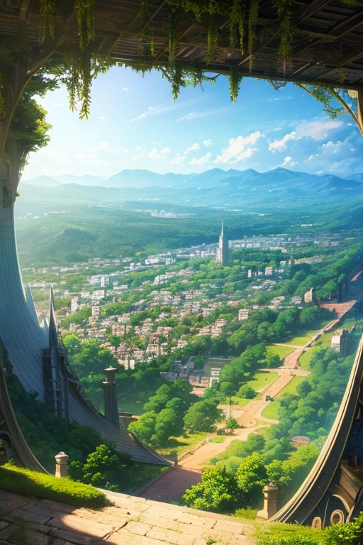 a digital painting of a city surrounded by trees, a matte painting, jormungand anime, aerial view of an ancient land, city of towers, advanced digital anime art ”