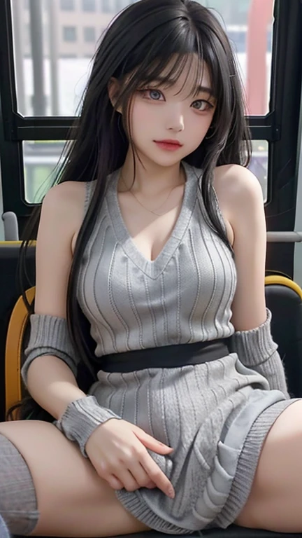 play sports often, long hair、(Grey knit dress:1.5), (black hair)、(Underwear exposure:1.1)、(knee socks)、(Purple panties)、(Cyberpunk settings: 1.2), compensate,, (1 girl: 1.4), highest quality, masterpiece, (reality: 1.2), young woman, lady, detailed face, fine eyes, fine hair, fine skin, looking at the viewer, dramatic, vibrant, sharp focus, 50mm, f1.2, EOS R8, (3/4 body: 1.2), (Inside the bus in the background: 1.6), (highest qualityの詳細: 1.2), 8K HD,(spread legs:1.7),