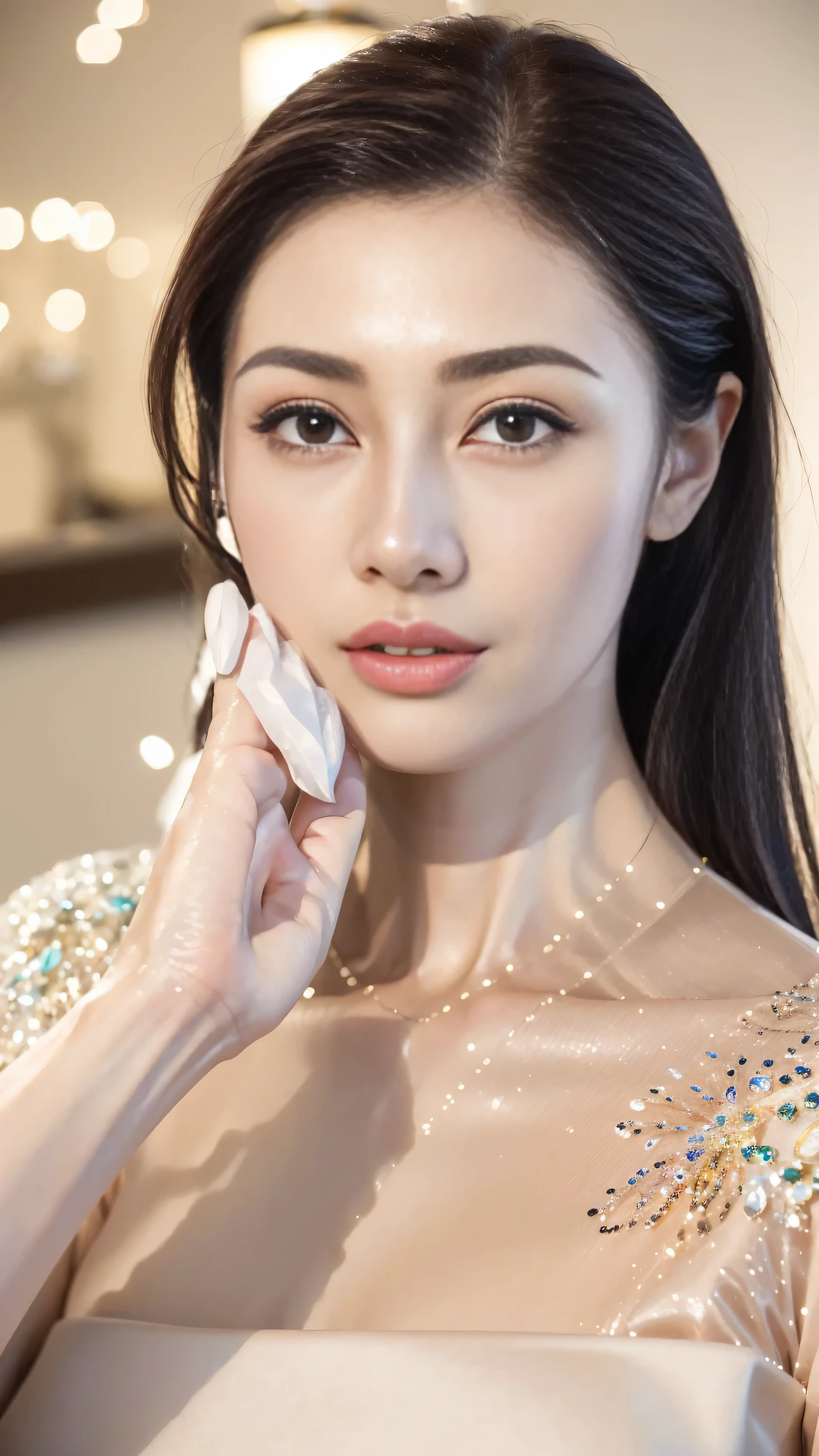 (best quality,4K,8k,high resolution,on the table:1.2),super detailed,actual,beautiful woman,exquisite eyes,Detailed lips,The facial details are particularly rich,long eyelashes,luxury shopping mall,Latest fashion items,a happy expression,(saluting),bright colors,studio lighting