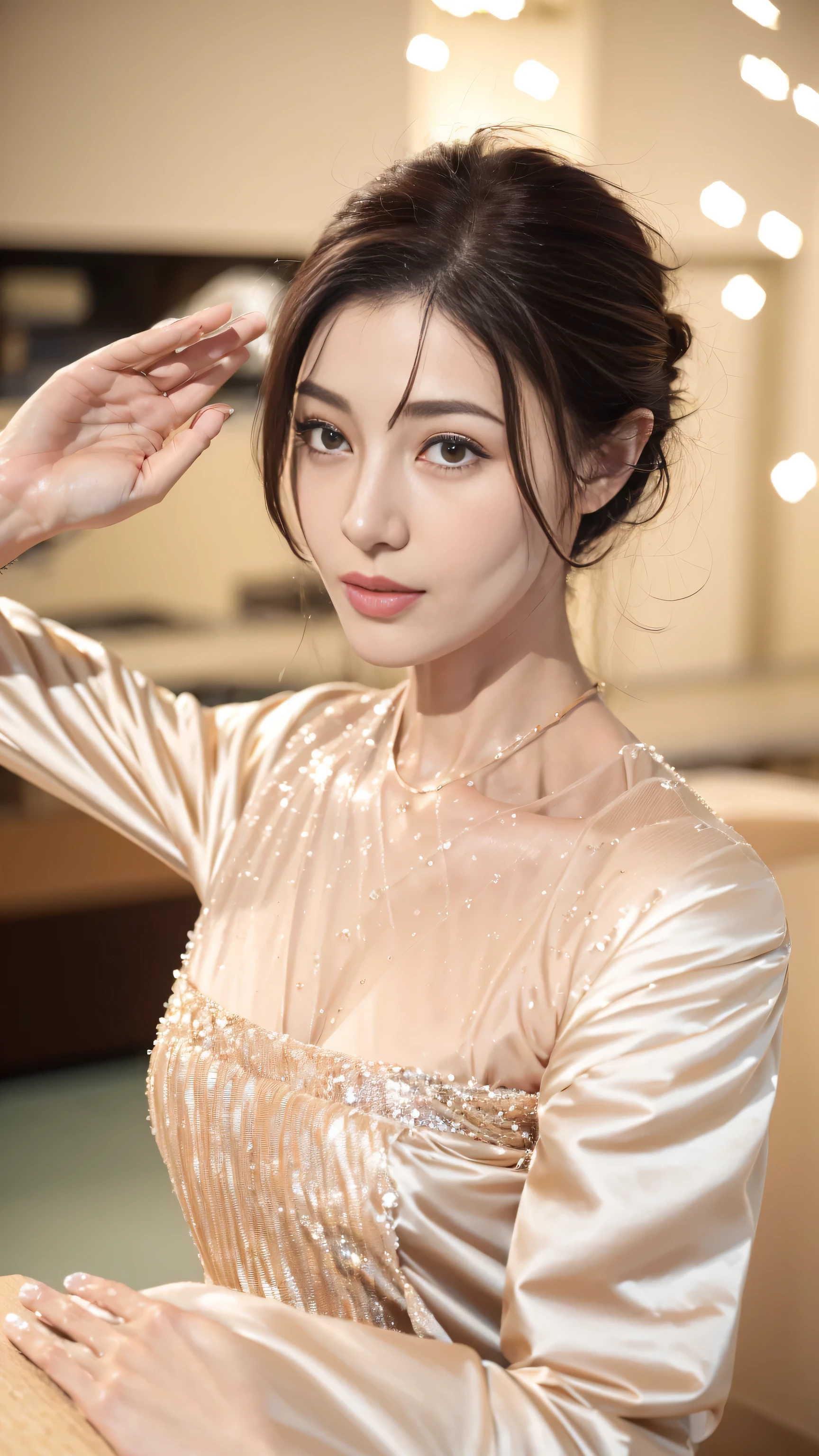 (best quality,4K,8k,high resolution,on the table:1.2),super detailed,actual,beautiful woman,exquisite eyes,Detailed lips,The facial details are particularly rich,long eyelashes,luxury shopping mall,Latest fashion items,a happy expression,(saluting),bright colors,studio lighting