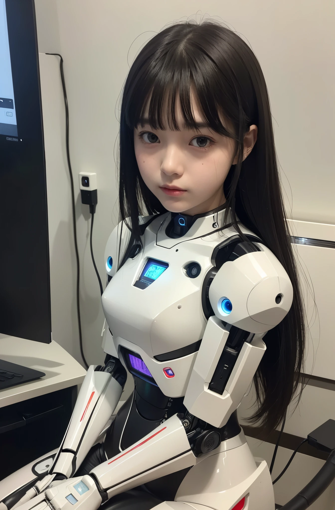 (photorealistic:1.4), (RAW photo)masutepiece, Best Quality, Extremely detailed, (Photorealistic:1.4), (8K, 4K, Best Quality, hight resolution, 超A high resolution:1.1), 8K portrait,Japaese android girl,kids,13 year old,control panels,Mechanical Hand, ,Robot arms and legs, Black hair,Mechanical body,Blunt bangs,White Robotics Parts,perfect robot girl ,Charging spot,