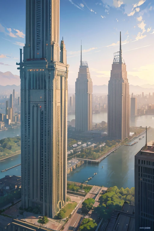 a digital painting of a city surrounded by trees, a matte painting, jormungand anime, aerial view of an ancient land, city of towers, advanced digital anime art ”