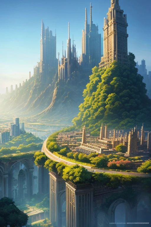 a digital painting of a city surrounded by trees, a matte painting, jormungand anime, aerial view of an ancient land, city of towers, advanced digital anime art ”